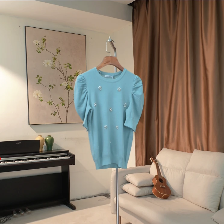 G338 重工钉珠泡泡五分袖高奢100绵羊毛针织衫女 232H15