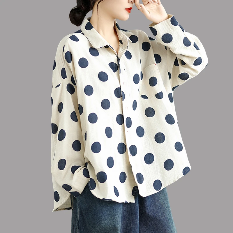 白色翻领圆点印花长袖衬衫女士2025秋季新款宽松休闲显瘦百搭上衣