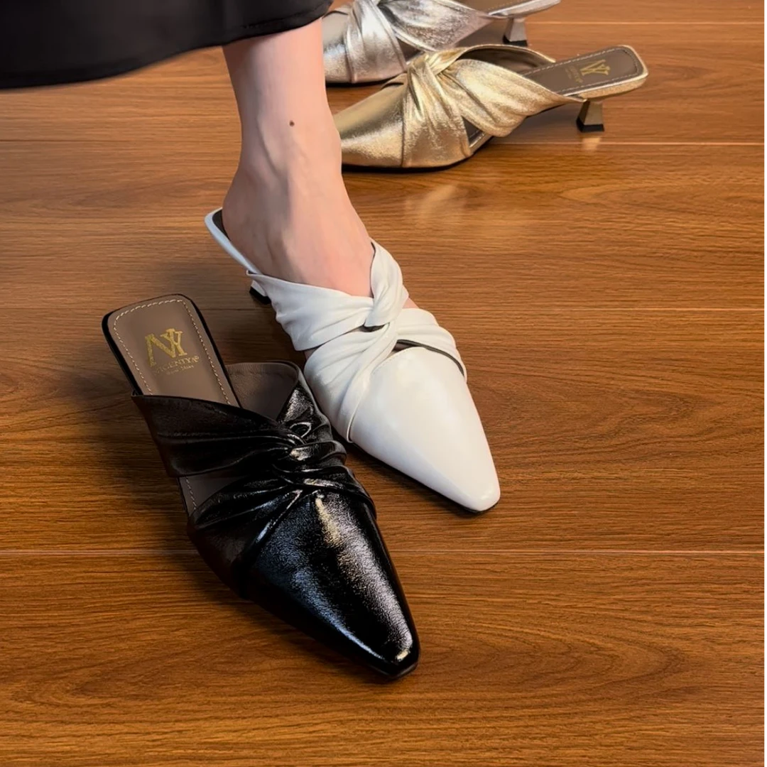 5CM羊皮水染胶粘鞋法式包头中跟包头拖白色气质夏季半拖平底女鞋