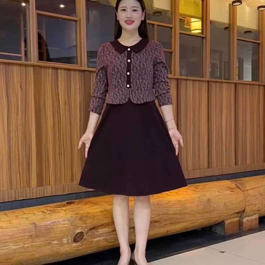 高贵洋气质妈妈装长袖连衣裙时尚高档减龄显瘦中长款假两件裙子女