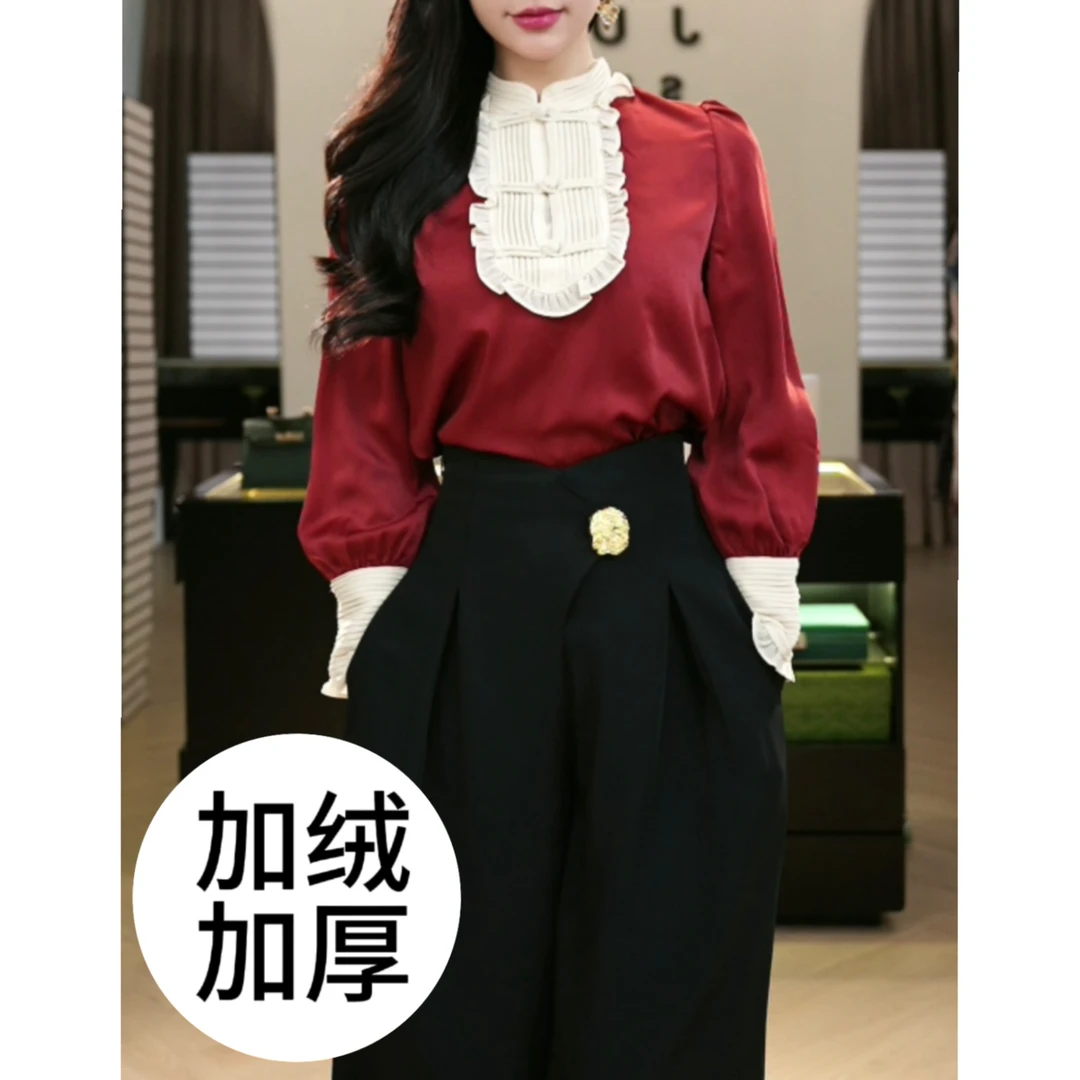 现货2025秋冬加厚【DD-995】气质高级感小众缎面拼接国风洋气上衣女