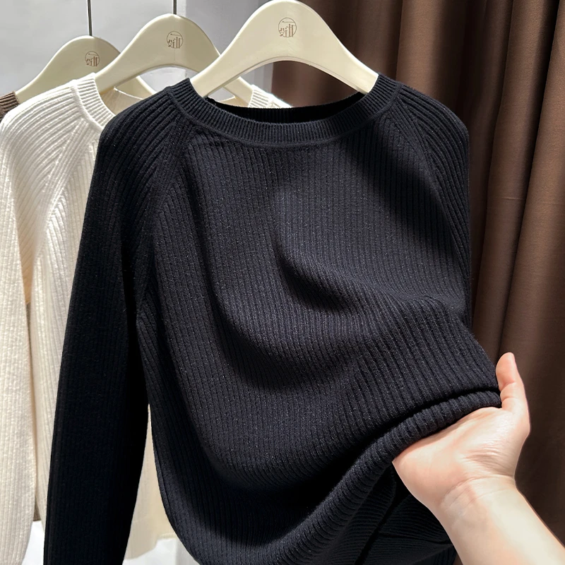 黑色圆领针织衫女爆款2025新款春季设计感坑条毛衣内搭长袖上衣