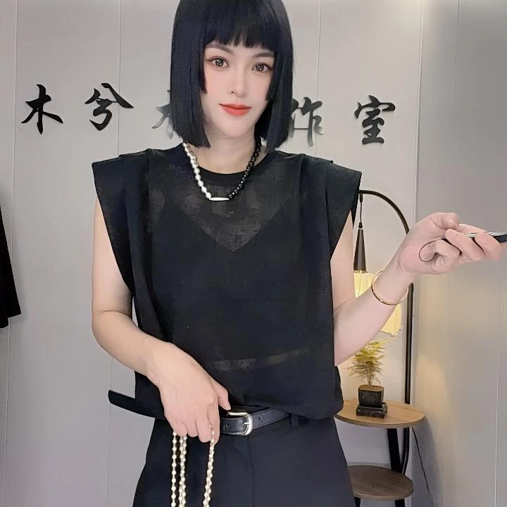 《木兮木》 2025夏季短袖抗皱拼接无袖纯色常规T恤显瘦轻奢气质时尚