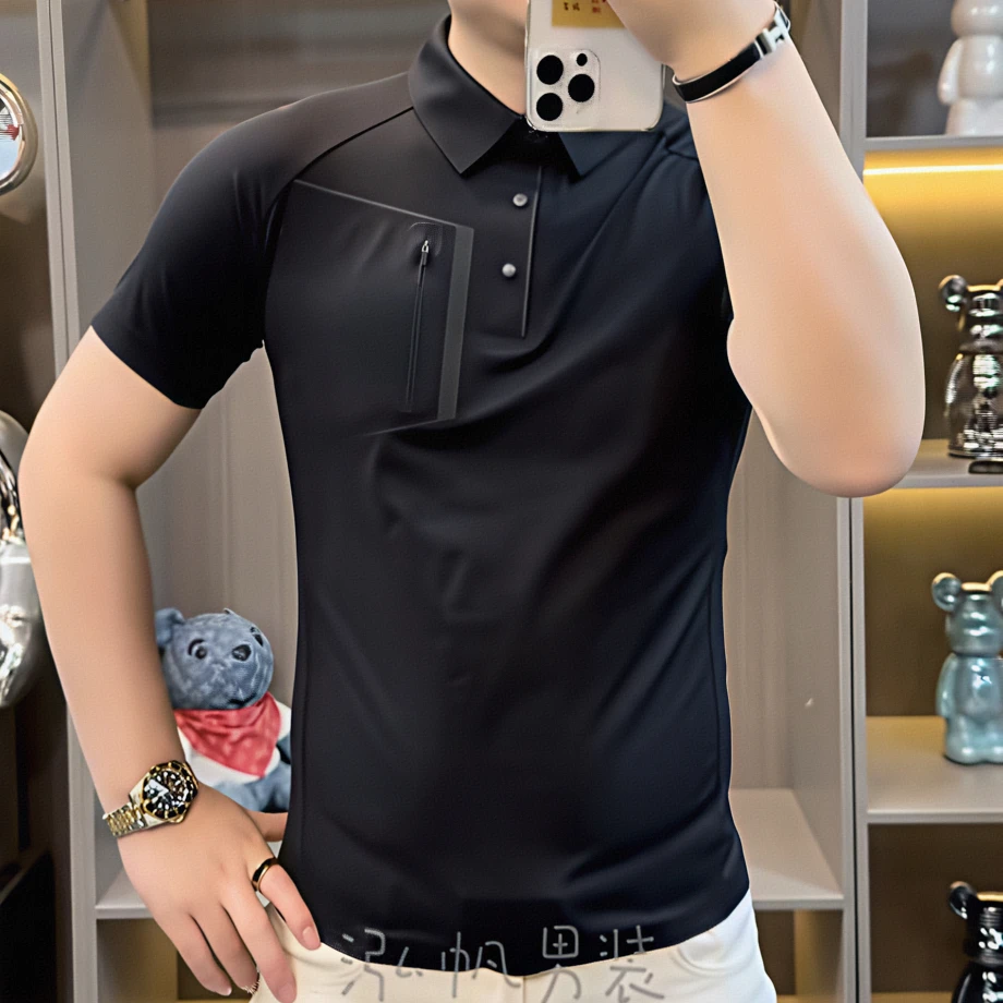 轻奢翻领短袖高档春季夏季T恤衬衫弹力透气运动时尚薄款休闲帅气