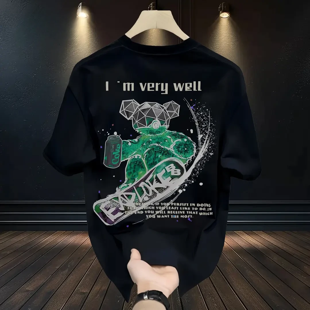 夏季新款潮流痞帅重磅纯棉短袖T恤宽松圆领男士上衣体恤网红时尚