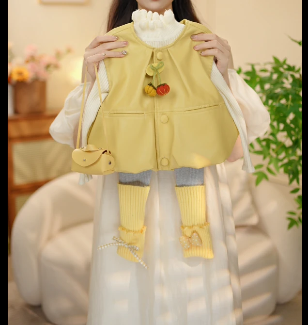 秋季新品韩版女童甜美皮质马甲针织打底衫打底裤裤三件套XY25155