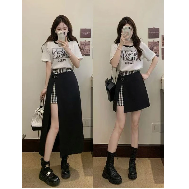 2025年大码女装百搭清爽薄款竹节麻针织短袖搭配半身裙两件套1632