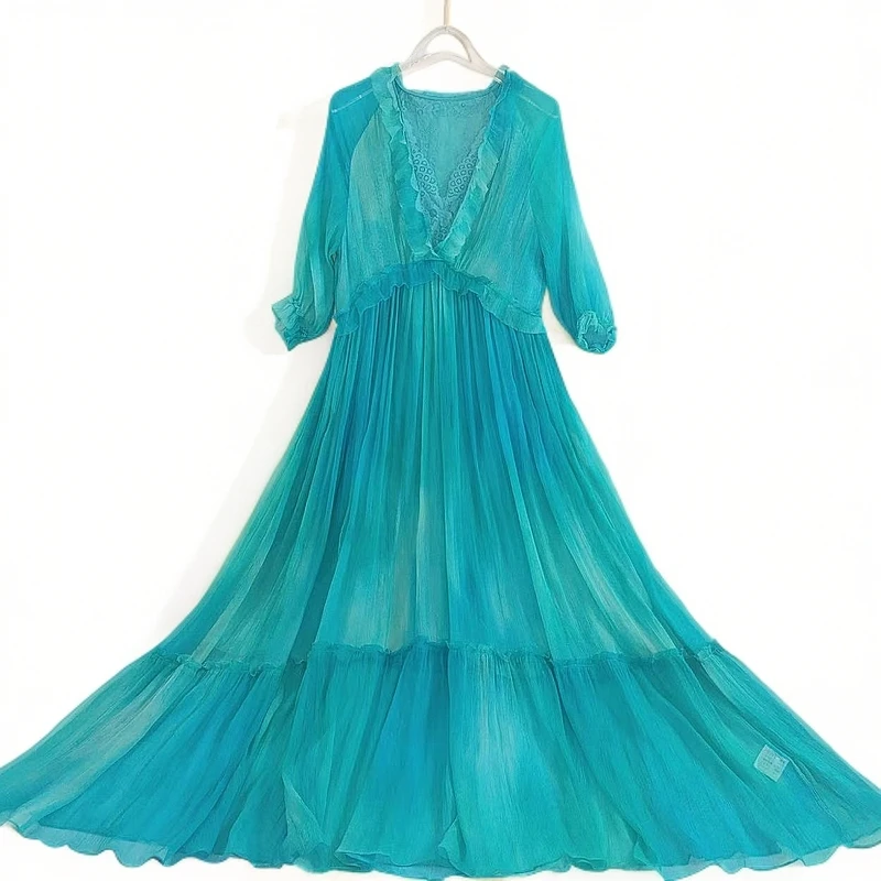 桑蚕丝2025春夏新款高订短袖气质优雅真丝连衣裙薄荷蓝 230189