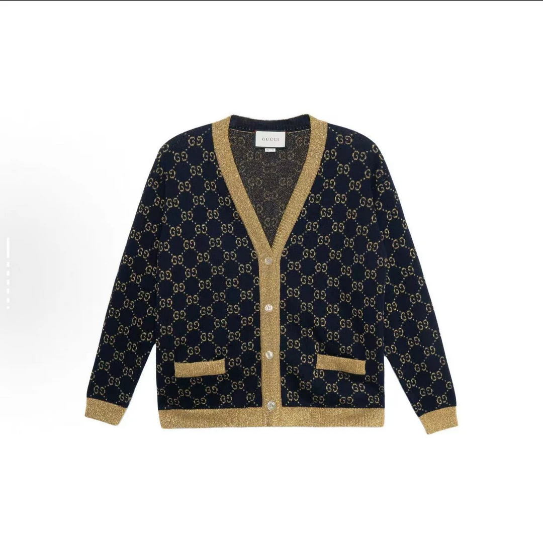 GUCCI古驰 Logo单排扣长袖针织衫 女款 深蓝色