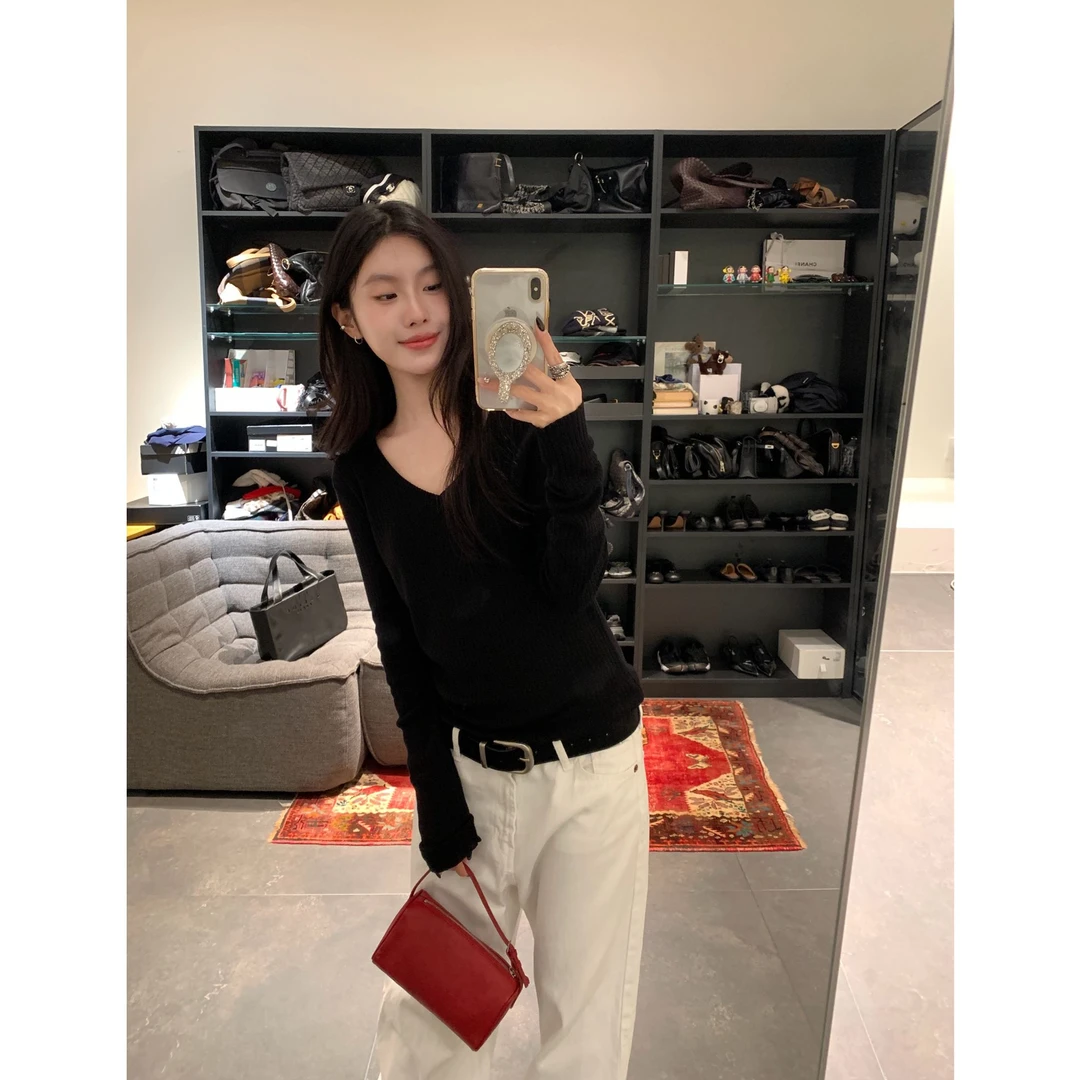 天丝羊毛V领修身微弹长袖T恤女新款高级感穿搭显瘦针织上衣 ST809