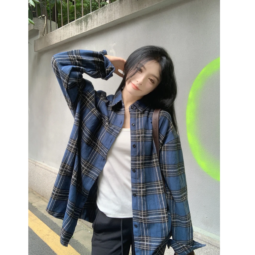 美式复古百搭蓝色格子长袖衬衫女春秋季新款宽松休闲衬衣外套上衣