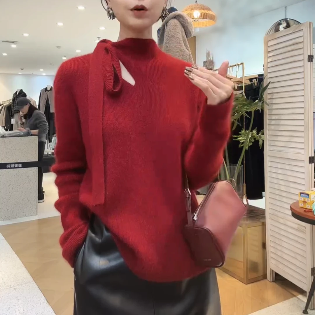 秋冬气质氛围感系带时尚红色显瘦针织衫长袖针织毛衣女LK2509059