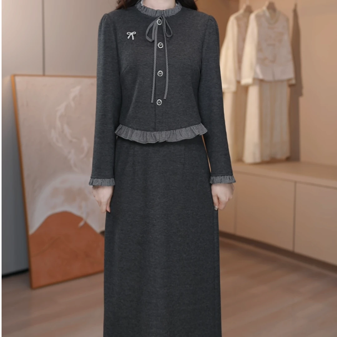 裙角秀/A525#[假两件]格子领口花边秋冬气质时尚中长款连衣裙子