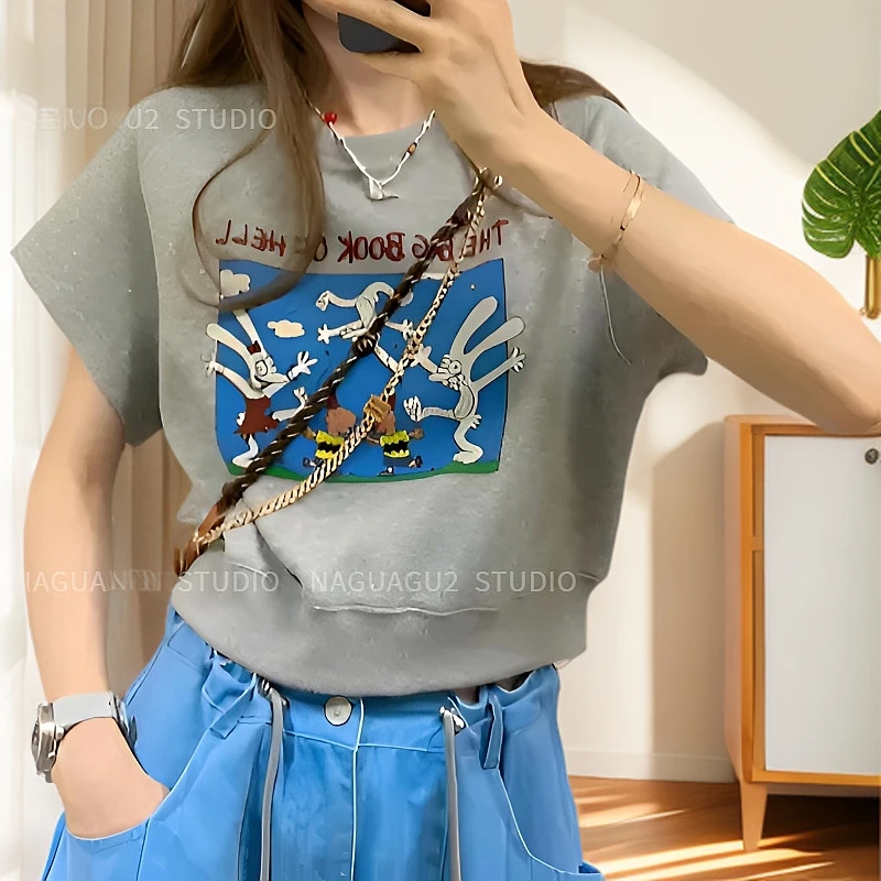 【摩登风情】个性高腰无感印花圆领套头女装蝙蝠袖上衣