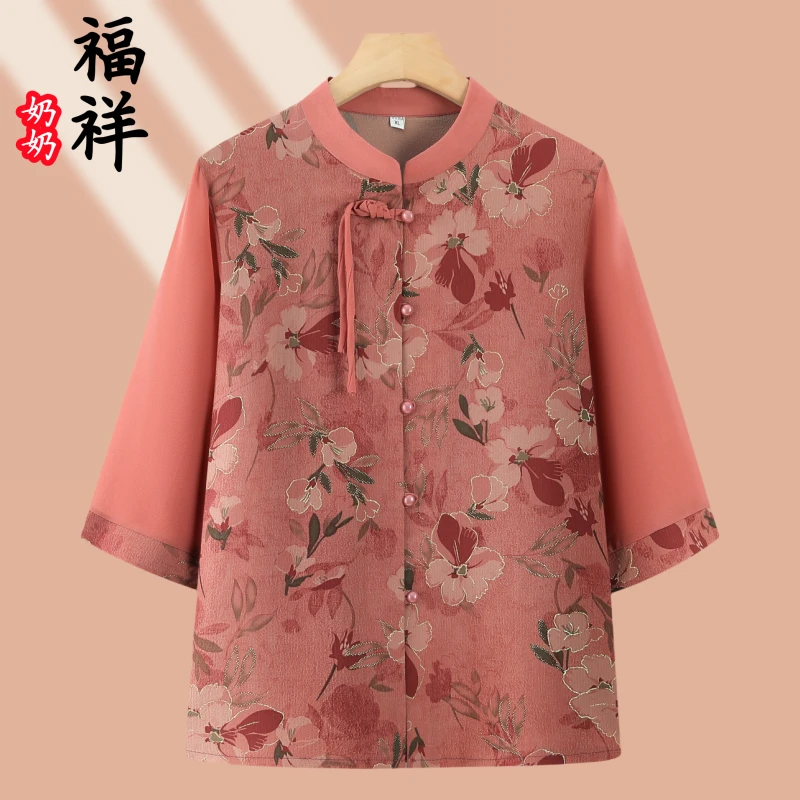 中老年人新款国风衬衫夏季装薄衬衫奶奶清凉衣服婆婆立领上衣女装