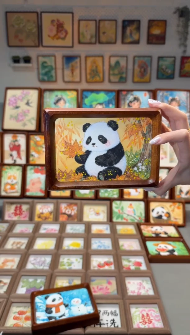 国画枫叶熊猫 手绘国画6