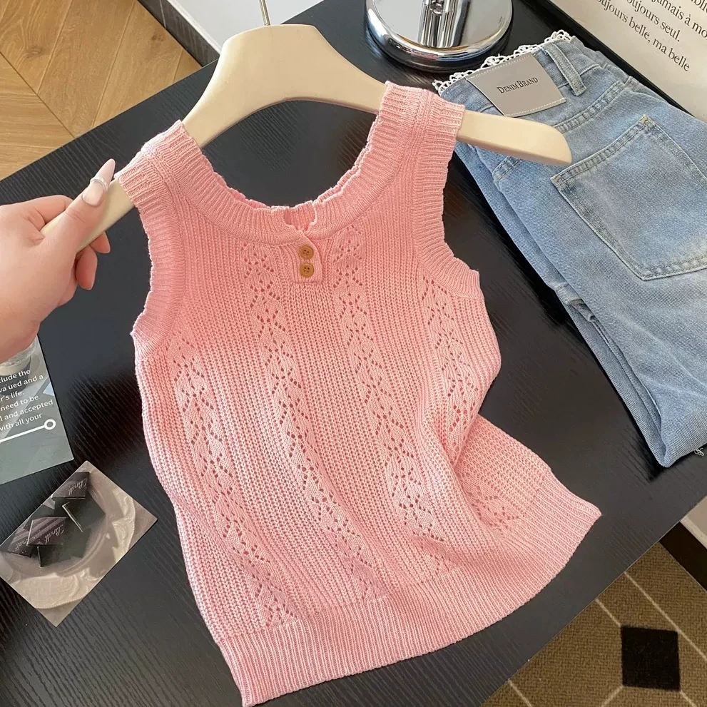 粉色针织吊带女夏季薄款无袖镂空背心小上衣
