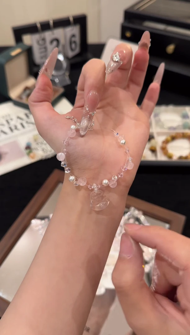 银S925镶嵌手链水晶粉水晶佛公hx2435