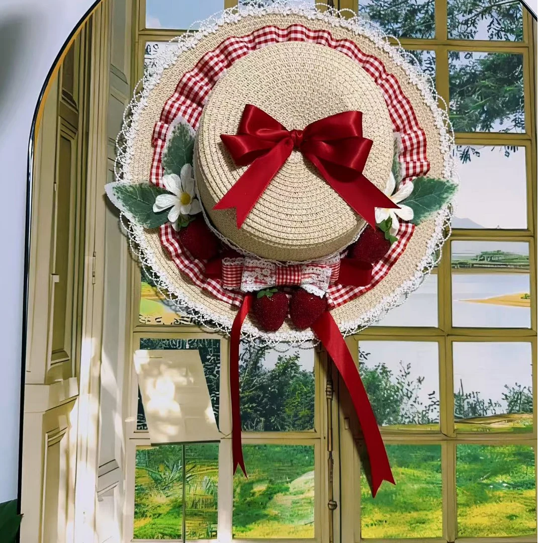 原创新款草莓系列Lolita手作红色野餐田园草编平顶lolita 头饰