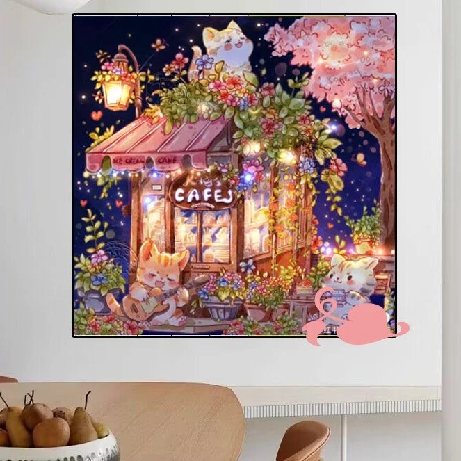 【十字绣】小猫咖啡店-四股满绣40色 棉线75*75厘米（需自己绣）
