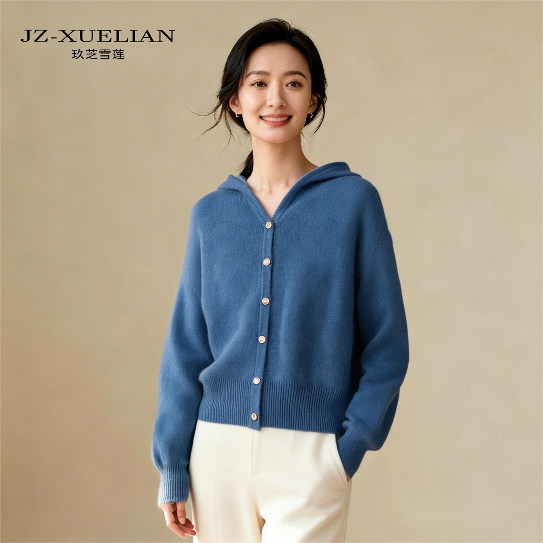 100%山羊绒开衫一线成衣连帽单排扣软糯针织衫