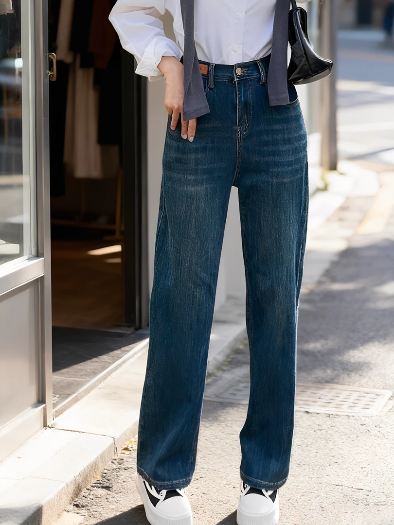 【缝纫机】大码女装 腰66-108高腰显瘦高弹力牛仔加绒拖地裤6529-1#