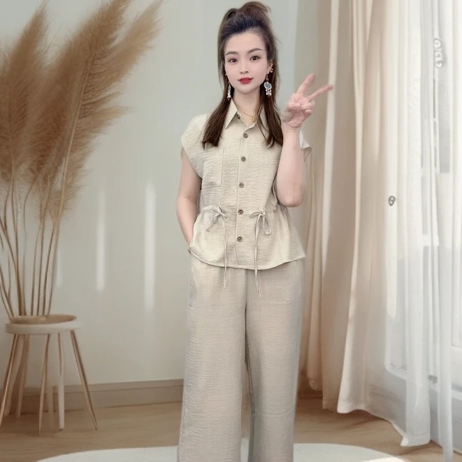 爆款小香风套装2025夏季冰麻宽松短袖衬衫九分裤时尚休闲两件套女