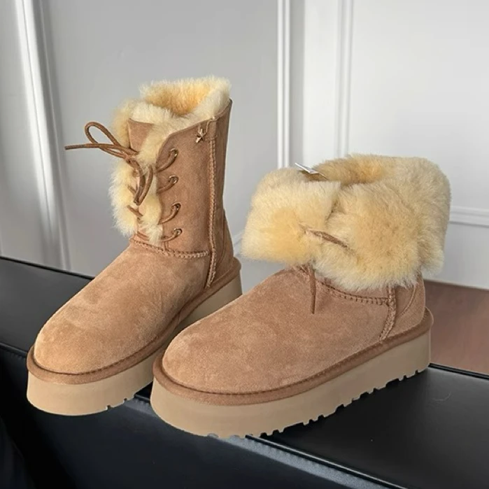 靴乡厚底中筒女神羊皮毛一体雪地靴女款2025冬季桑坡系带雪地棉Q