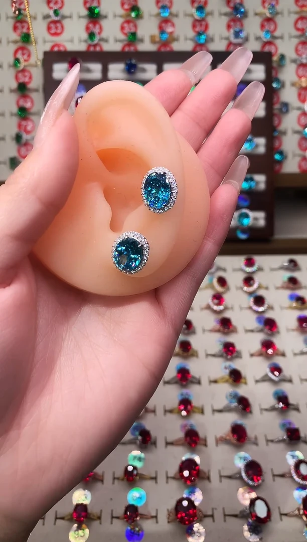 银S925镶嵌耳饰碧玺8*10 银托