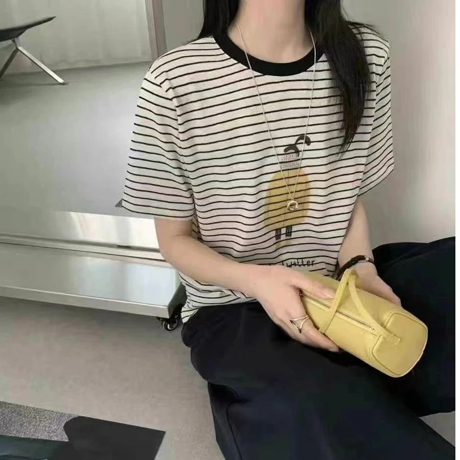 【549-xm】黄胖子卡通条纹圆领短袖T恤夏季潮流套装半袖黑白时尚