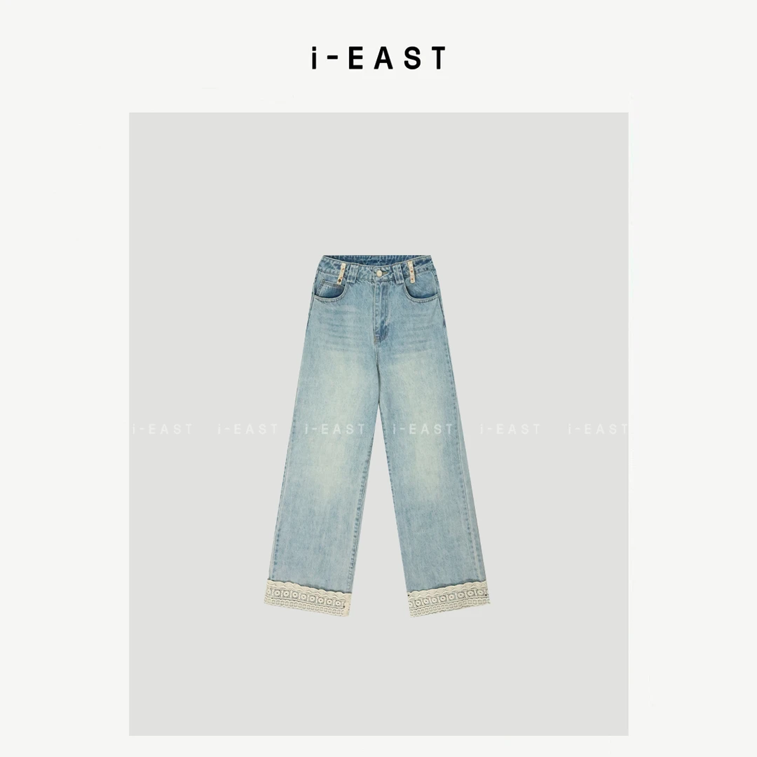 i-EAST 吸晴大长腿~下摆钩花设计感牛仔裤-5C K13279