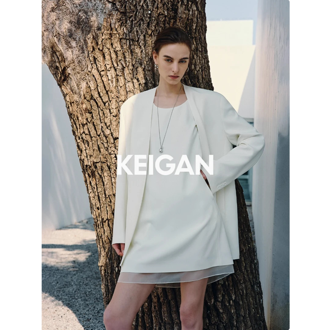 开间/日本进口三醋酸 極简易打理无领西装仙气欧根纱拼接连衣裙