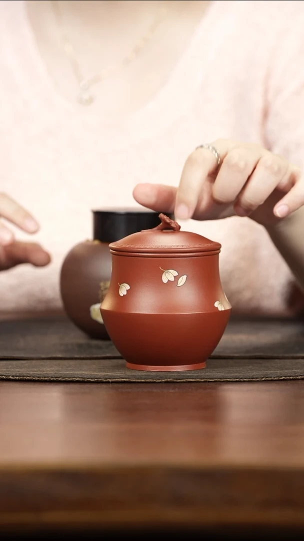 紫砂茶叶罐小罐朱泥花开半夏罐