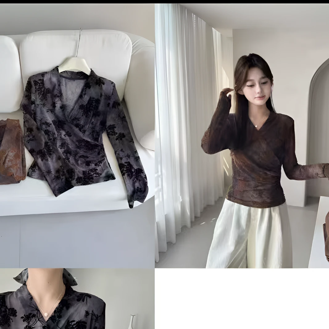 V领碎花长袖内搭打底衫薄款套头长袖秋季-5921