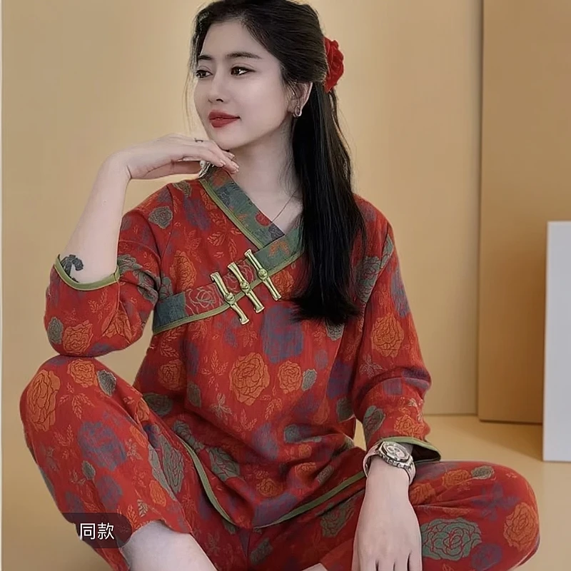 新中式国风睡衣女冬季新款时尚V领盘扣提花双层纱家居服潮
