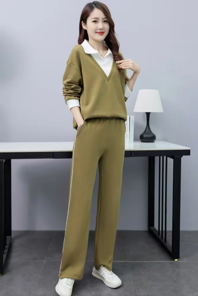 【GY】翻领气质通勤显瘦减龄休闲圆领小众长袖长裤套装8230