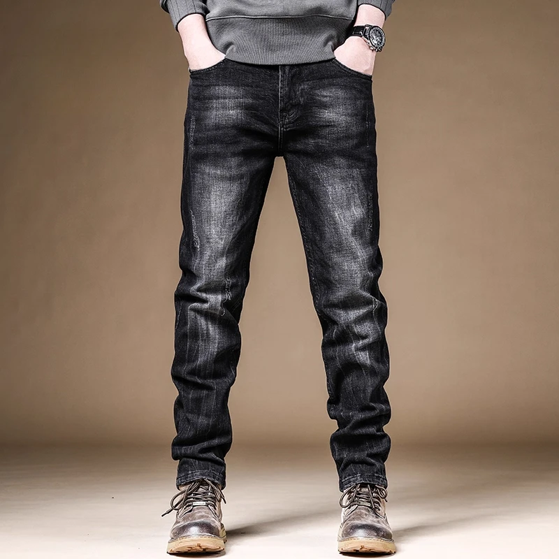 BALEYSWO秋冬弹力牛仔裤男款直筒黑色水洗美式痞帅冬季加绒加厚裤