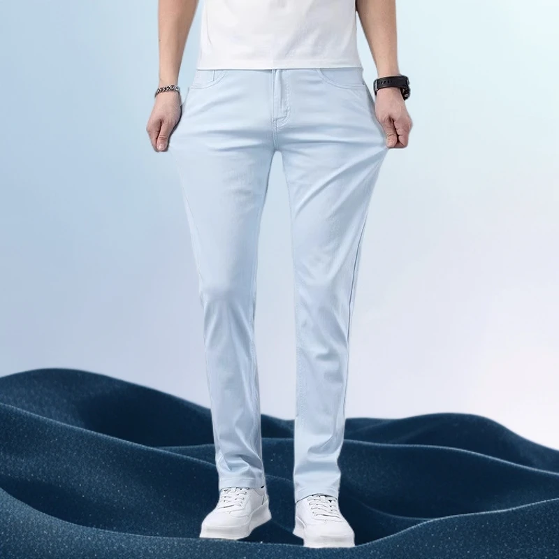 巴赛娜缇夏季薄款浅色冰丝牛仔裤男新款修身直筒弹力百搭休闲裤子