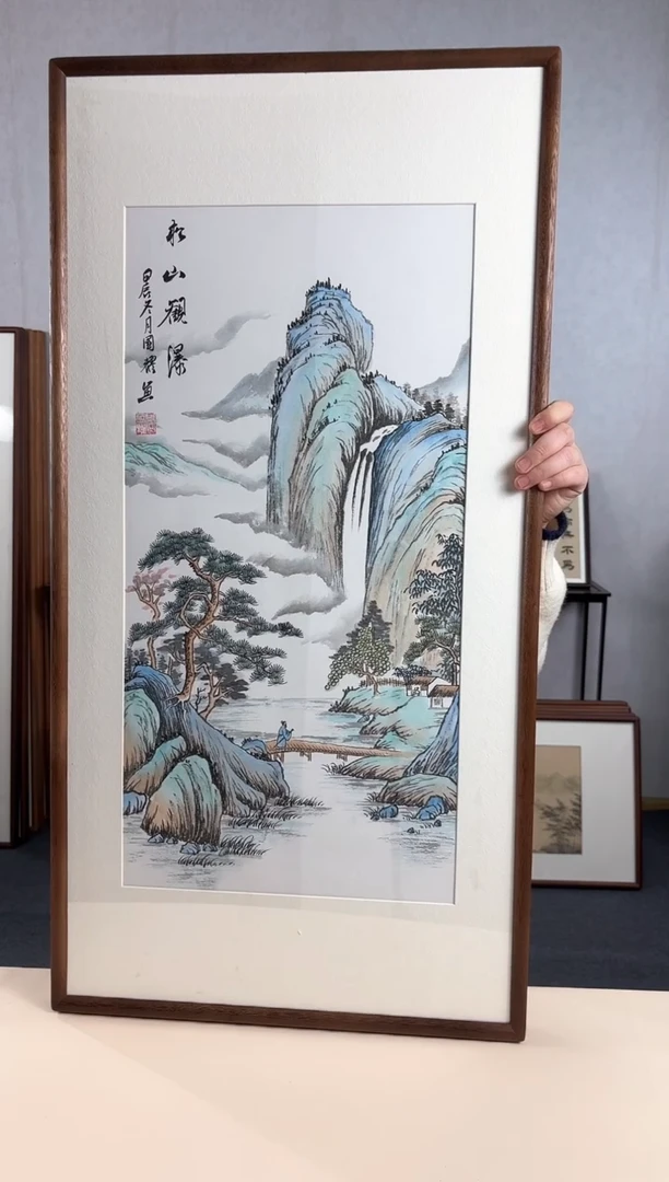 【闪购商品】国画手绘*松山观瀑*47*92cm实木框