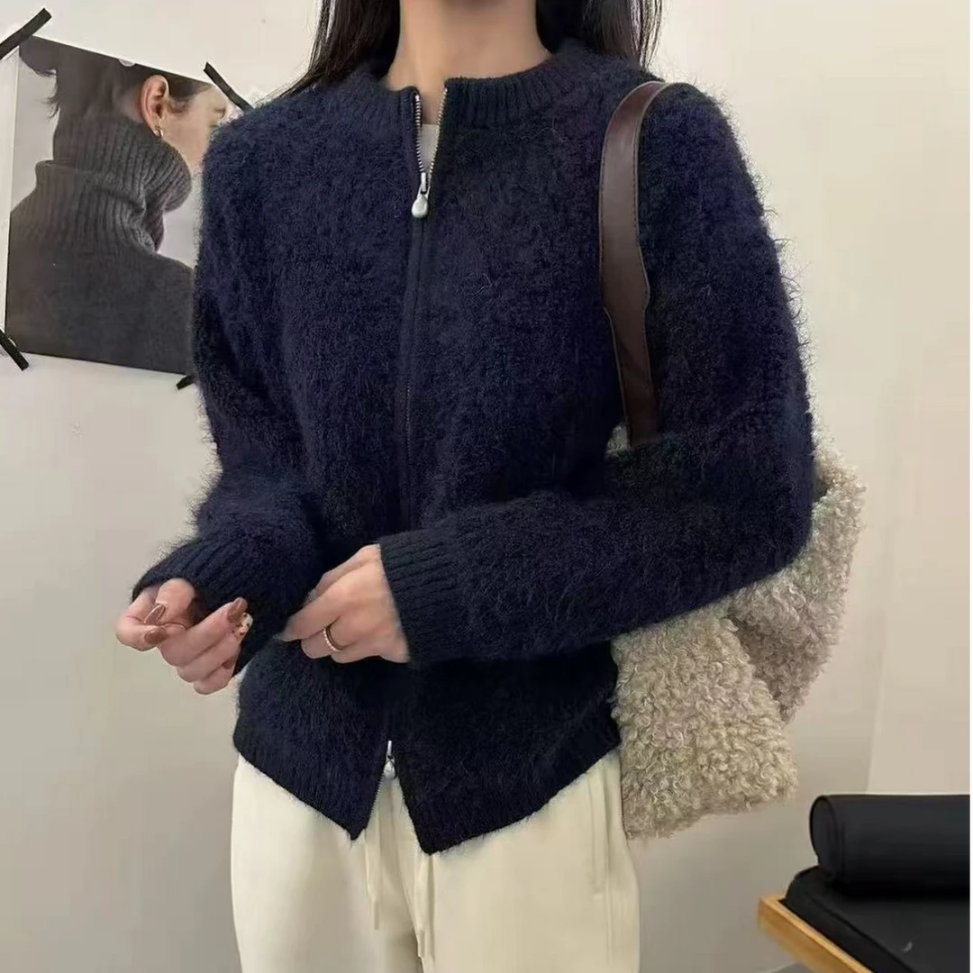 时尚立领双拉链毛衣开衫女百搭显瘦简约针织上衣1112(HS)(C2-11)