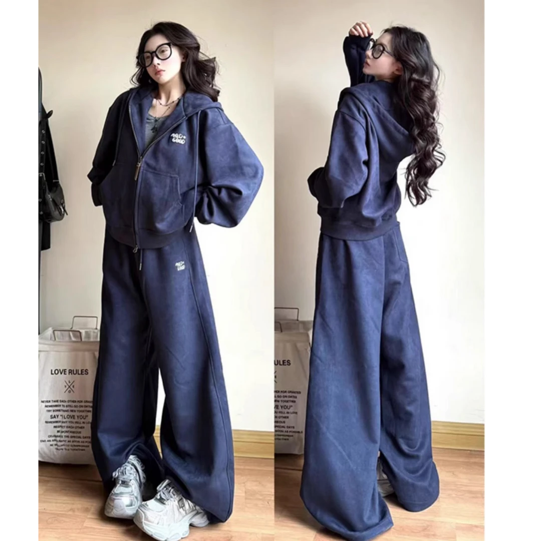 2025秋季穿搭连帽卫衣慵懒风两件套女宽松显瘦阔腿裤韩系套装