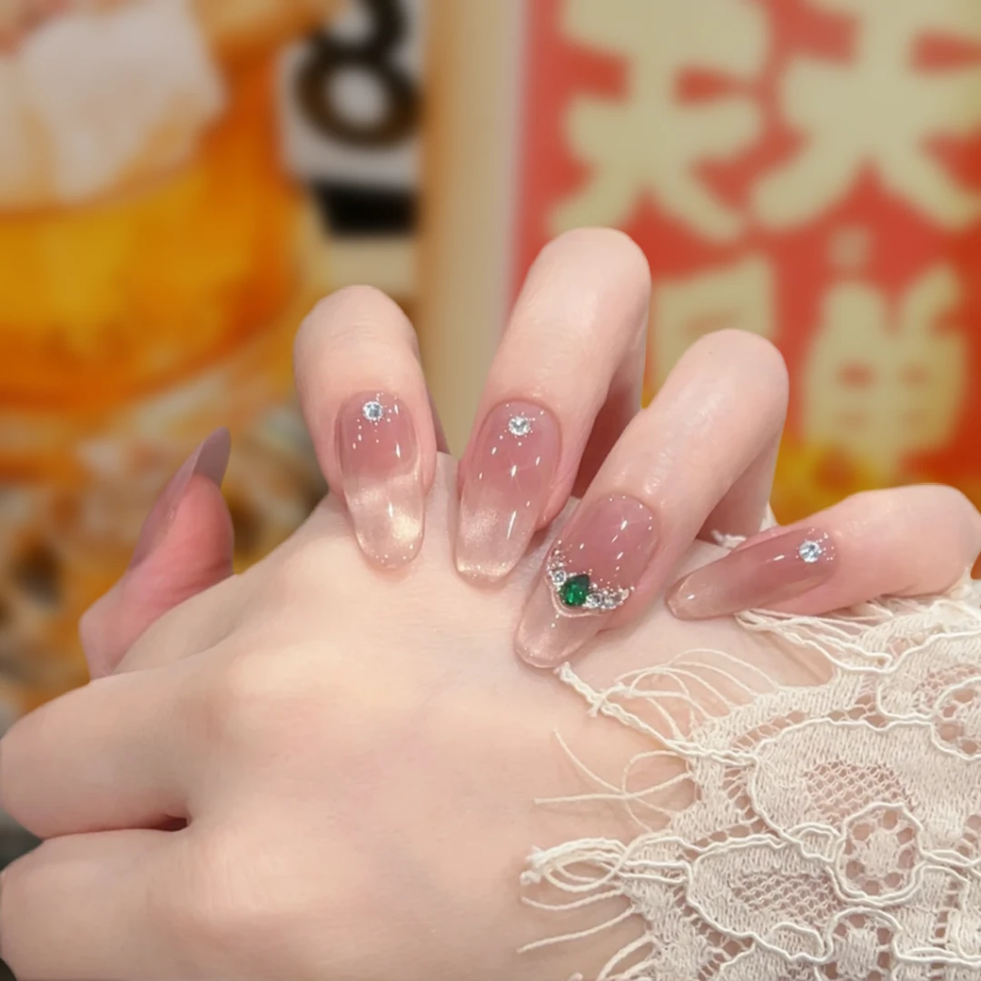 【世家千金】纯手工穿戴甲可拆卸短款长款裸色猫眼法式风格美甲贴片