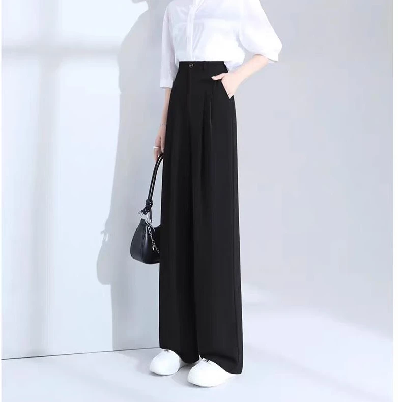 西装拖地裤女春秋款2025新款高腰垂感小个子灰色窄版休闲阔腿裤子