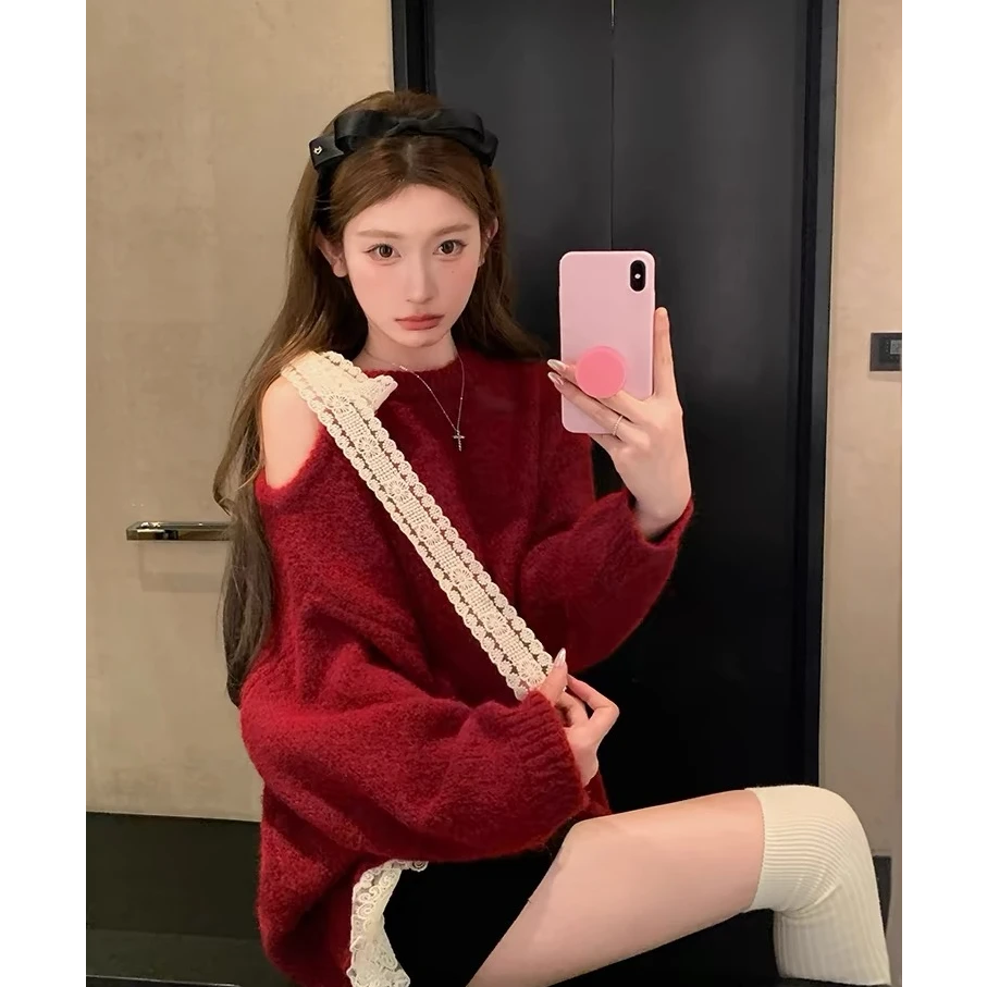 新年红色蕾丝蝴蝶结毛衣女秋冬宽松慵懒露肩针织上衣