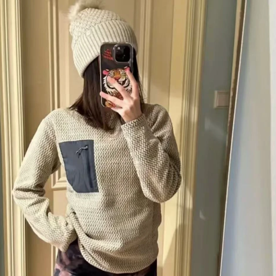 秋冬男女情侣款波浪纹肌理锁温保暖圆领抓绒衣2493