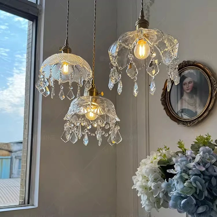 复古法式黄铜水晶玻璃小吊灯 田园卧室床头吧台餐厅走廊玄关灯具