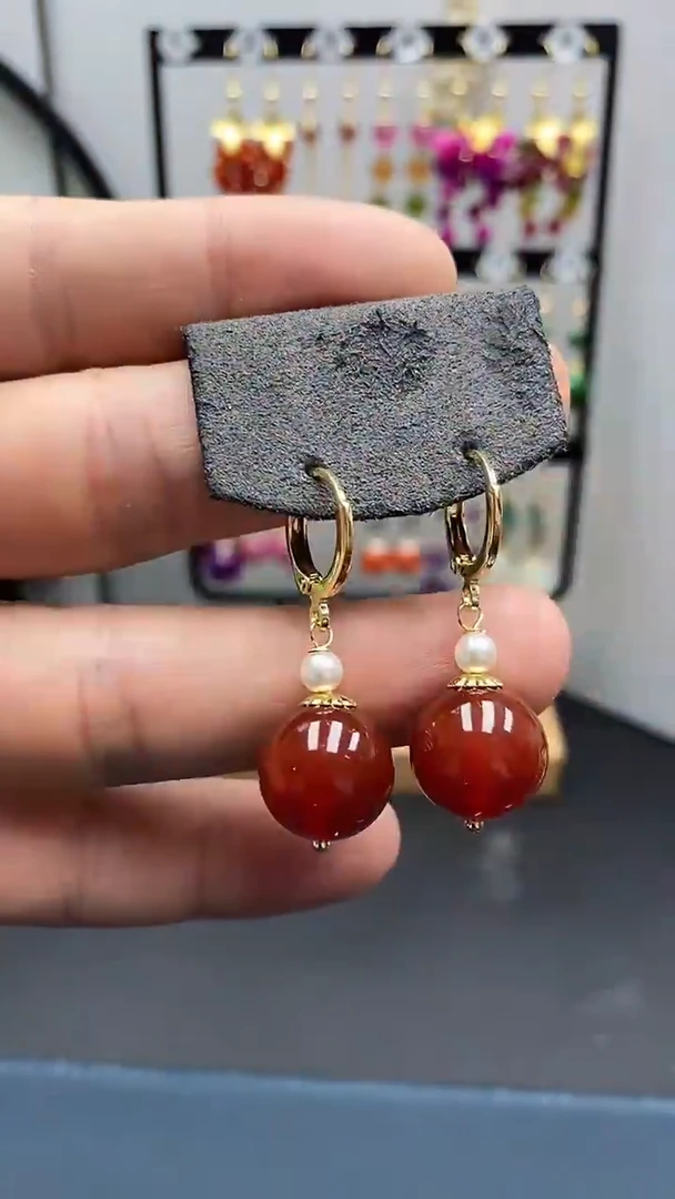 【闪购商品】南红玛瑙耳饰银S925镀金镶嵌尺寸14mm耳扣05