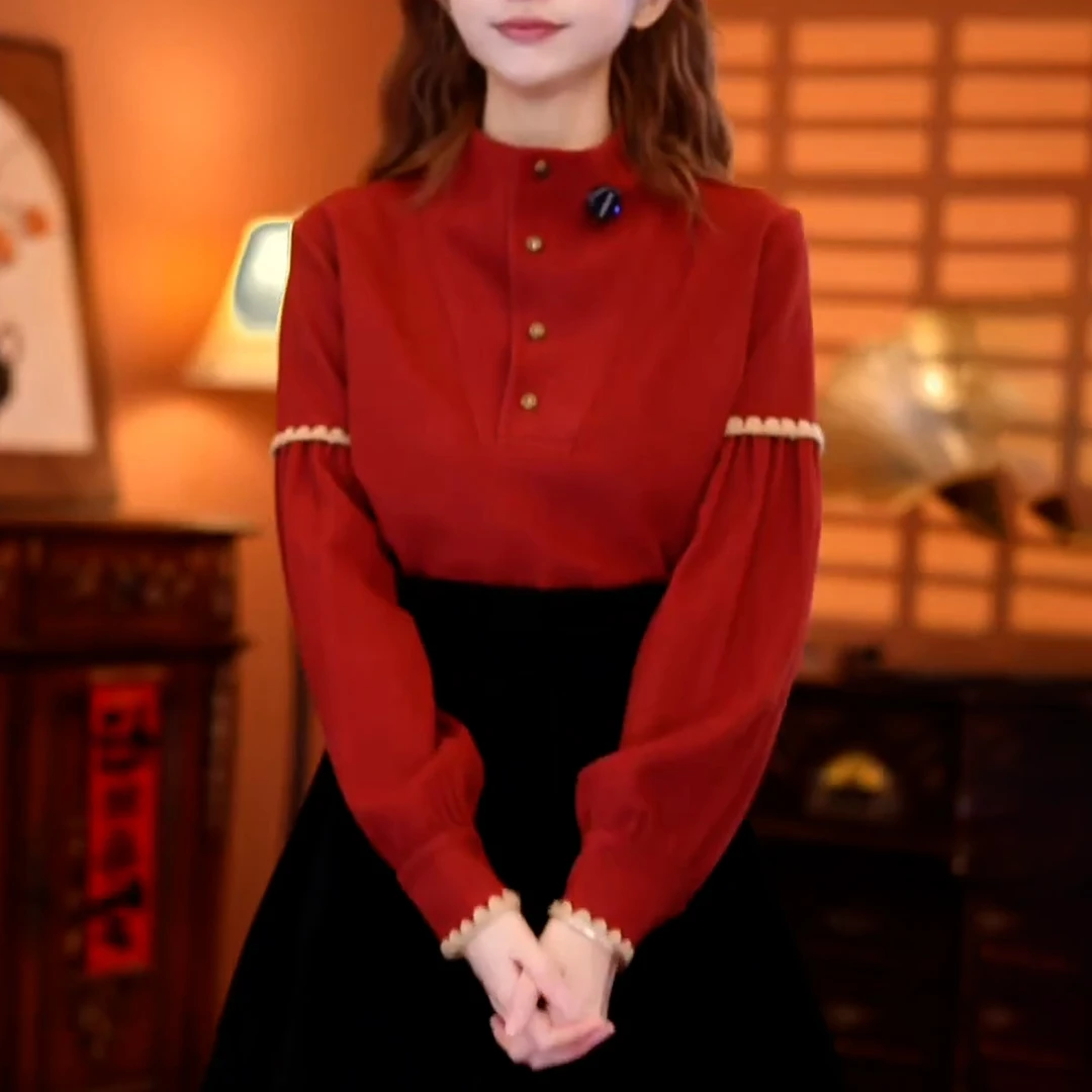 2025秋冬新款复古港风花边拼接长袖衬衫女设计感休闲百搭立领上衣