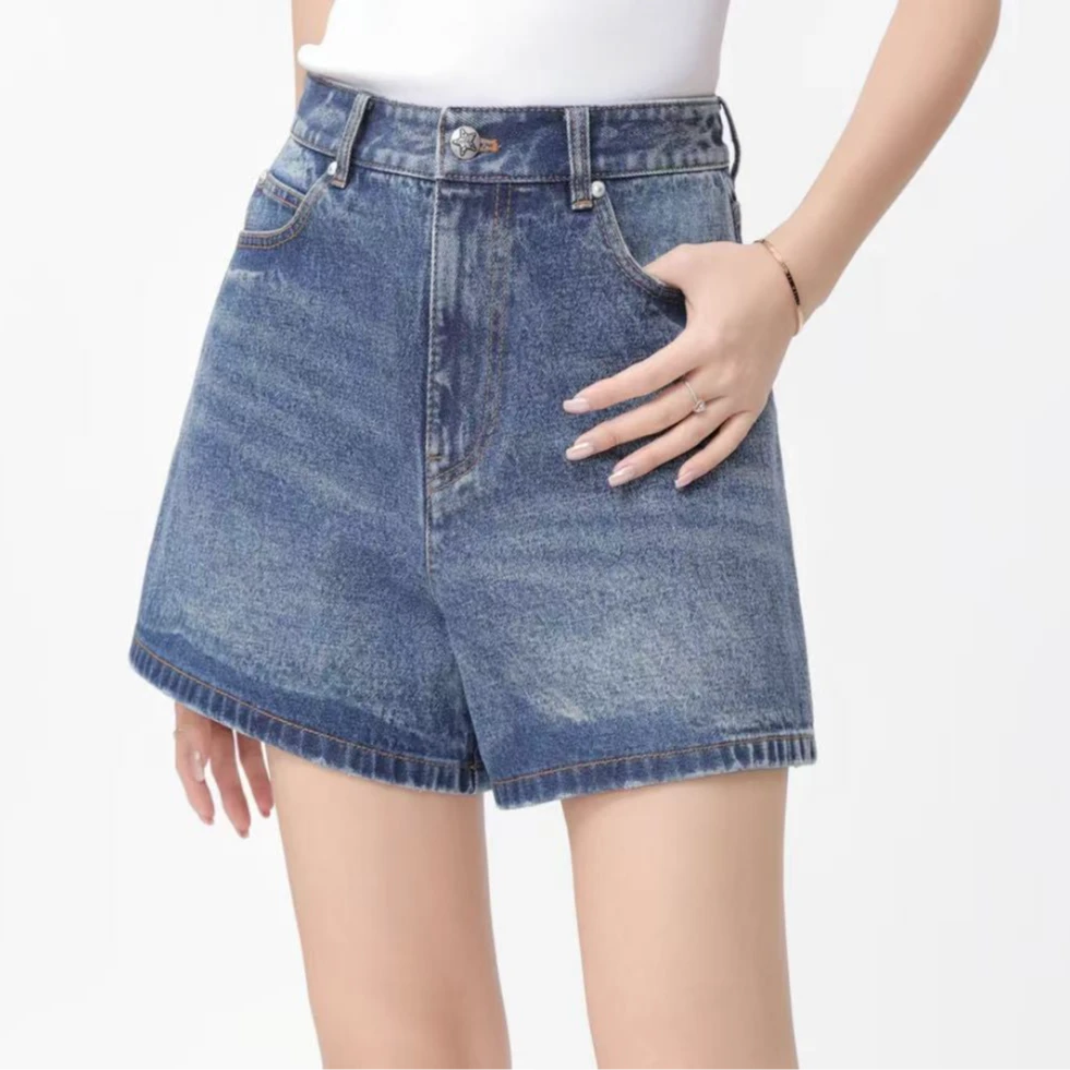 GIRDEAR/哥弟夏季蓝色新款显瘦舒适百搭高腰牛仔女款短裤1100476