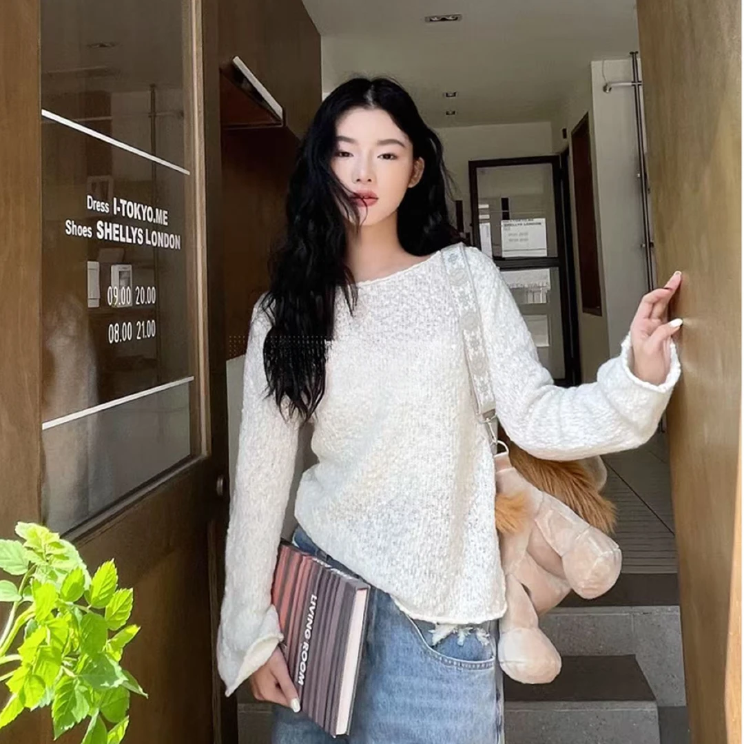 福利--超好看韩版奶白色圆领针织衫早秋简约显瘦长袖针织上衣